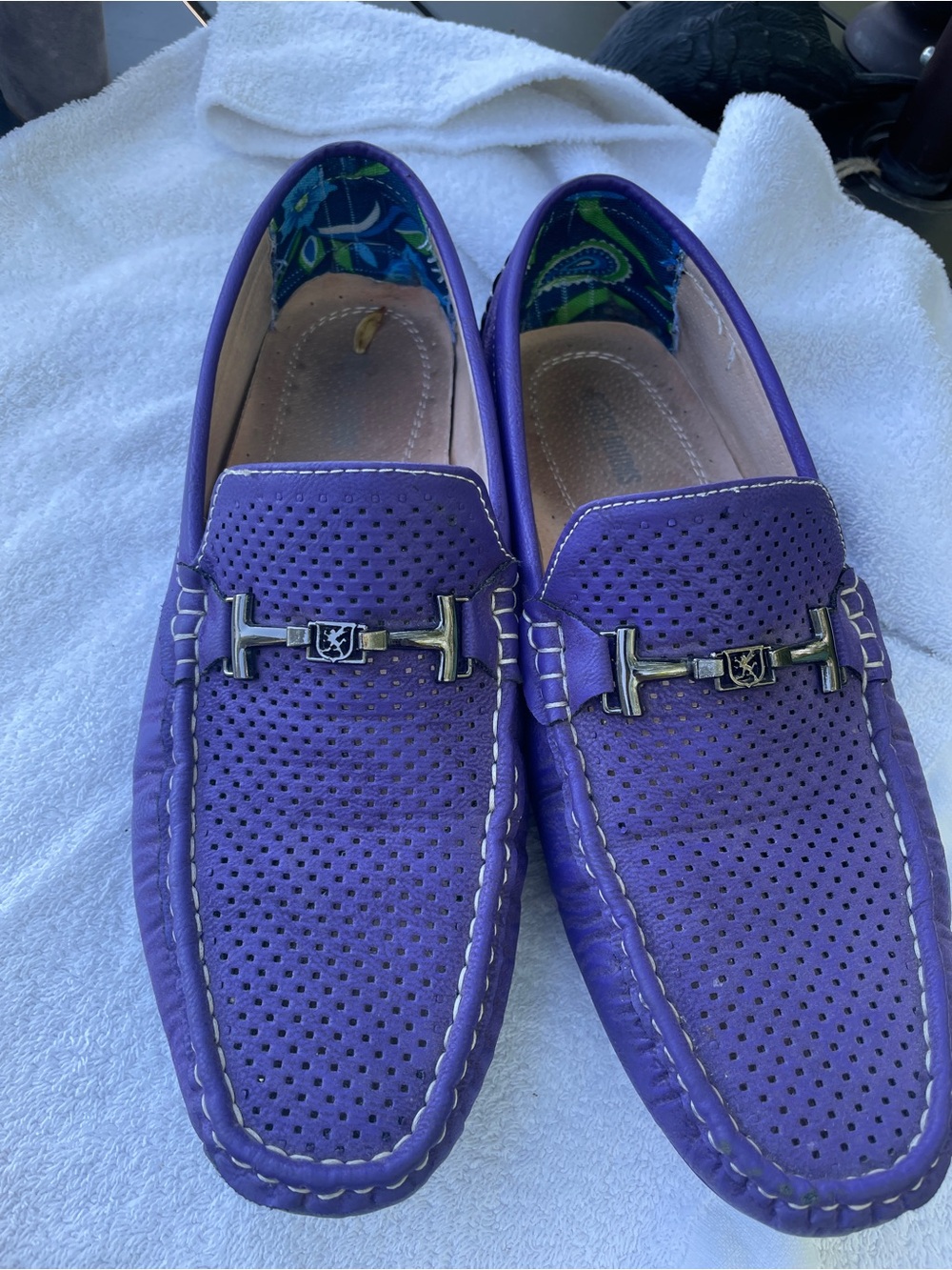 Stacy Adams Purple Perforated Leather Slip-On Loafers with Metal Bit